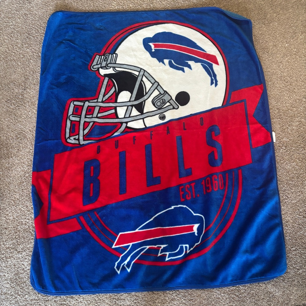 Buffalo Bills NFL Fleece Throw Blanket Blue Red Helmet Logo Est 1960 50x59 OS